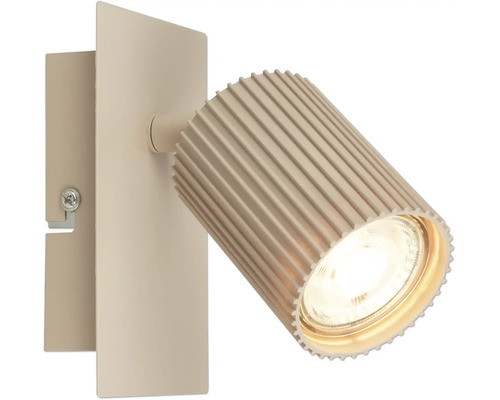 Spot mural beige avec abat-jour nervuré et plaque murale rectangulaire.