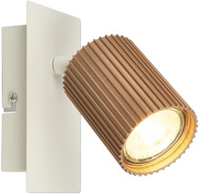 Spot mural blanc orientable avec support rectangulaire et tête de lampe rainurée marron.