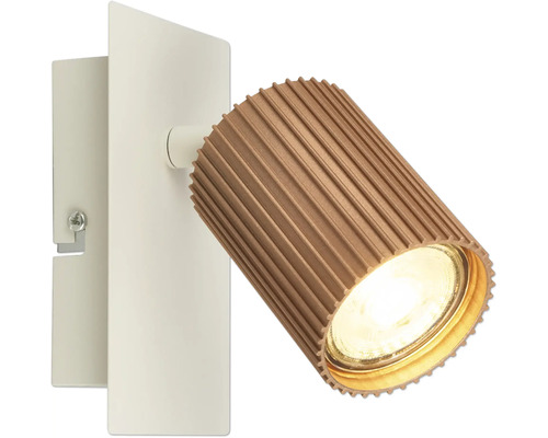 Spot mural blanc orientable avec support rectangulaire et tête de lampe rainurée marron.