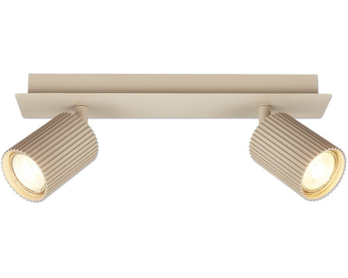 Spot de plafond à deux lampes en métal avec têtes de spot nervurées et réglables.