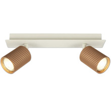 Spot de plafond à deux lampes avec base blanche et deux spots rainurés réglables de couleur bronze.