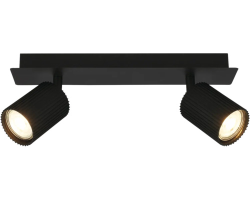 Spot de plafond noir avec deux têtes rainurées orientables et une base rectangulaire.