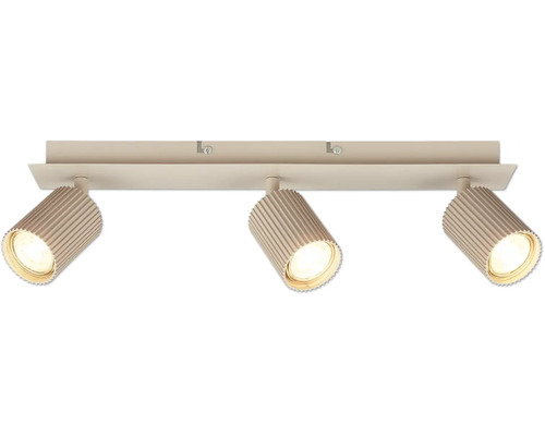Plafonnier avec trois spots orientables, forme cylindrique rainurée, couleur sable.
