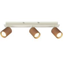 Spot de plafond à 3 lampes avec rail blanc et abat-jour cylindriques marron et nervurés.