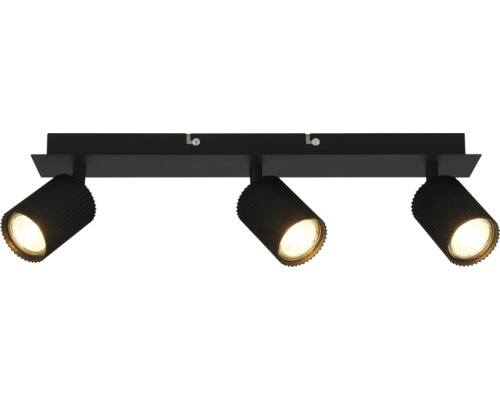 Plafonnier à trois spots noir avec abat-jour cylindriques rainurés et orientables.