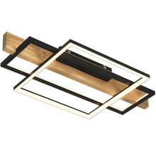 Plafonnier LED moderne avec poutre en bois et deux cadres métalliques rectangulaires noirs.