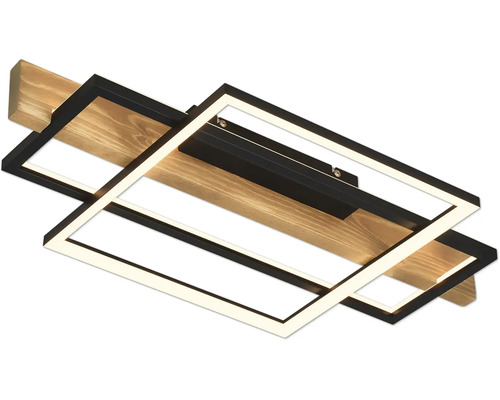 Plafonnier LED moderne avec poutre en bois et deux cadres métalliques rectangulaires noirs.
