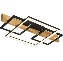 Plafonnier LED moderne avec deux cadres métalliques rectangulaires croisés et une poutre en bois.
