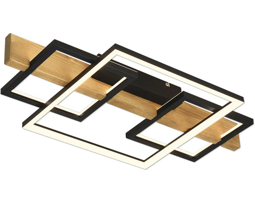 Plafonnier LED moderne avec deux cadres métalliques rectangulaires croisés et une poutre en bois.