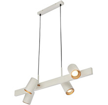 Suspension moderne avec quatre spots réglables en métal blanc.