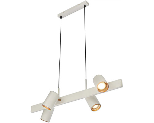 Suspension moderne avec quatre spots réglables en métal blanc.