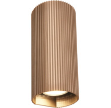 Applique murale extérieure cylindrique avec corps métallique strié aspect bronze, diffusion de la lumière vers le bas.
