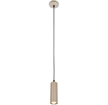 Suspension avec abat-jour cylindrique nervuré, câble noir et rosace de plafond ronde.