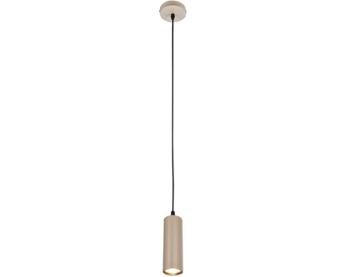 Suspension avec abat-jour cylindrique nervuré, câble noir et rosace de plafond ronde.