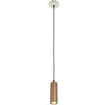 Suspension avec un abat-jour cylindrique en métal rainuré de couleur cuivre, un long câble noir et un pavillon blanc rond.