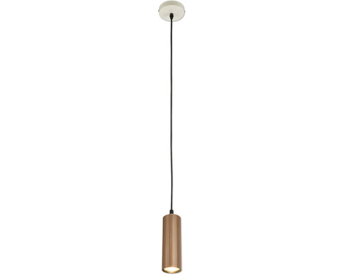 Suspension avec un abat-jour cylindrique en métal rainuré de couleur cuivre, un long câble noir et un pavillon blanc rond.