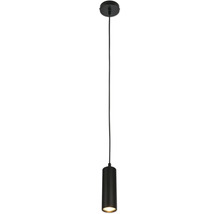 Suspension cylindrique noire avec abat-jour strié et fixation circulaire au plafond.