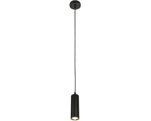 Suspension cylindrique noire avec abat-jour strié et fixation circulaire au plafond.