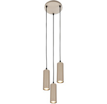 Suspension à trois lampes avec des abat-jour cylindriques striés et un support de plafond rond.