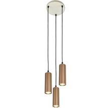 Suspension à 3 lampes avec abat-jour cylindriques rainurés en bronze et socle rond.