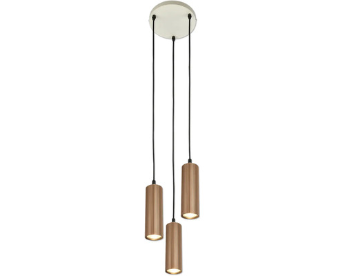 Suspension à 3 lampes avec abat-jour cylindriques rainurés en bronze et socle rond.
