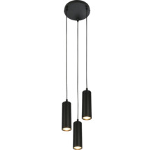 Suspension à trois lampes avec base ronde et abat-jour cylindriques striés disposés à différentes hauteurs.
