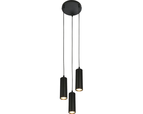 Suspension à trois lampes avec base ronde et abat-jour cylindriques striés disposés à différentes hauteurs.