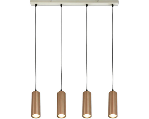 Suspension à quatre lampes avec des abat-jours cylindriques rainurés et un support de plafond rectangulaire long.