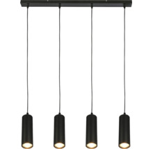 Suspension noire à quatre lampes avec abat-jour cylindriques et nervurés.