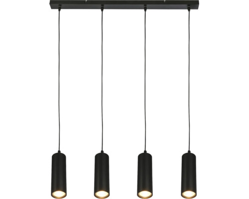 Suspension noire à quatre lampes avec abat-jour cylindriques et nervurés.