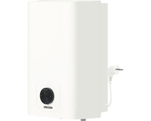 Stiebel Eltron Kleinspeicher für Untertischmontage mit schwarzem Temperaturwähler und Netzstecker.