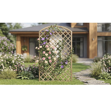Treillis en bois à sommet cintré dans un jardin, avec des rosiers grimpants et des clématites devant une maison.