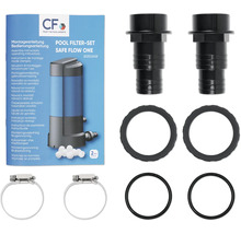 Kit filtration piscine Safe Flow One avec CF Logo sur manuel de montage, raccords de tuyau, joints d'étanchéité, joints toriques et colliers de serrage.