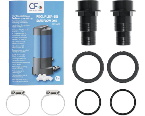 Kit filtration piscine Safe Flow One avec CF Logo sur manuel de montage, raccords de tuyau, joints d'étanchéité, joints toriques et colliers de serrage.