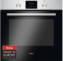 Four encastrable Amica en acier inoxydable et verre avec écran numérique, deux boutons rotatifs et le sceau Fabriqué en Europe.