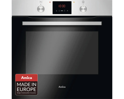 Four encastrable Amica en acier inoxydable et verre avec écran numérique, deux boutons rotatifs et le sceau Fabriqué en Europe.