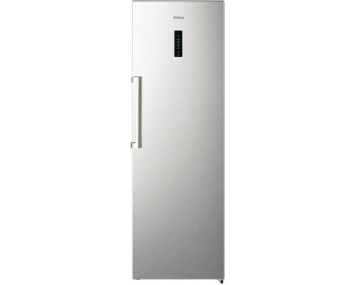 Réfrigérateur Amica en aspect acier inoxydable avec poignée verticale, Amica Logo et écran numérique sur la face avant.
