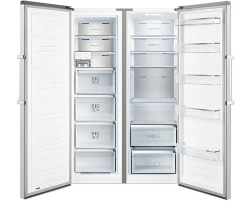 Réfrigérateur américain ouvert avec Total NoFrost, ChillZone et plusieurs tiroirs de congélation.