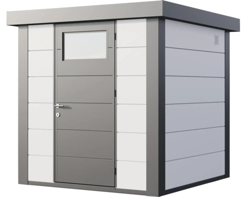 Abri de jardin avec toit plat, porte simple avec fenêtre et panneaux horizontaux.