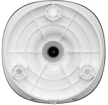 Dessous d'une plaque de montage circulaire en plastique blanc avec une ouverture centrale et trois points de fixation.