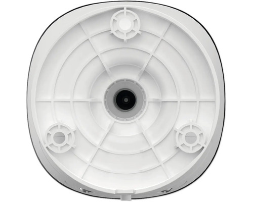 Dessous d'une plaque de montage circulaire en plastique blanc avec une ouverture centrale et trois points de fixation.