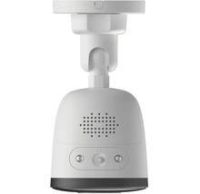 Vue arrière d une caméra de surveillance intelligente blanche avec support pivotant et grille de haut-parleur.