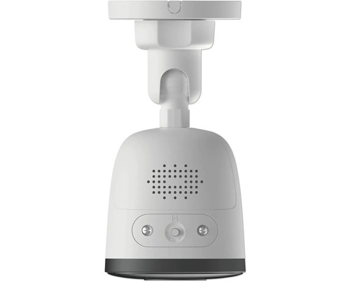Vue arrière d une caméra de surveillance intelligente blanche avec support pivotant et grille de haut-parleur.