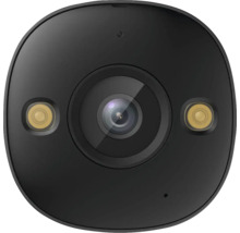 Vue frontale de la caméra de surveillance intelligente noire avec objectif central et projecteurs intégrés.