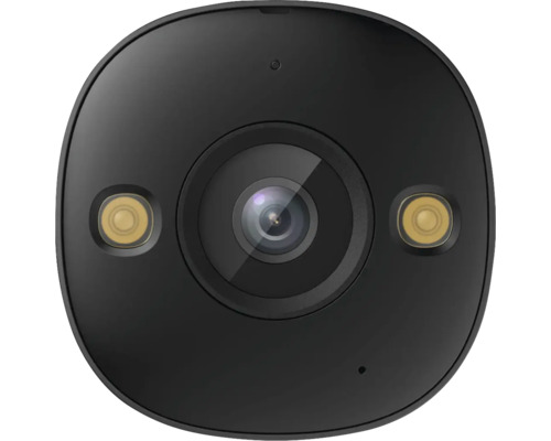 Vue frontale de la caméra de surveillance intelligente noire avec objectif central et projecteurs intégrés.