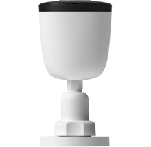 Caméra de surveillance blanche sur un support réglable avec une face avant noire.