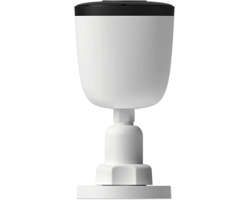 Caméra de surveillance blanche sur un support réglable avec une face avant noire.