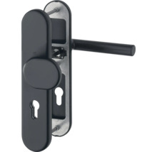Garniture de sécurité avec béquille, bouton fixe et plaque longue pour cylindre profilé, noir mat.