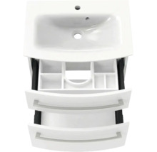 Meuble sous-vasque avec lavabo et deux tiroirs ouverts, compartimentage inclus.