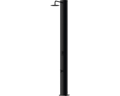 Douche solaire noire pour le jardin avec grand pommeau de douche, mitigeur et robinet rince-pieds séparé.